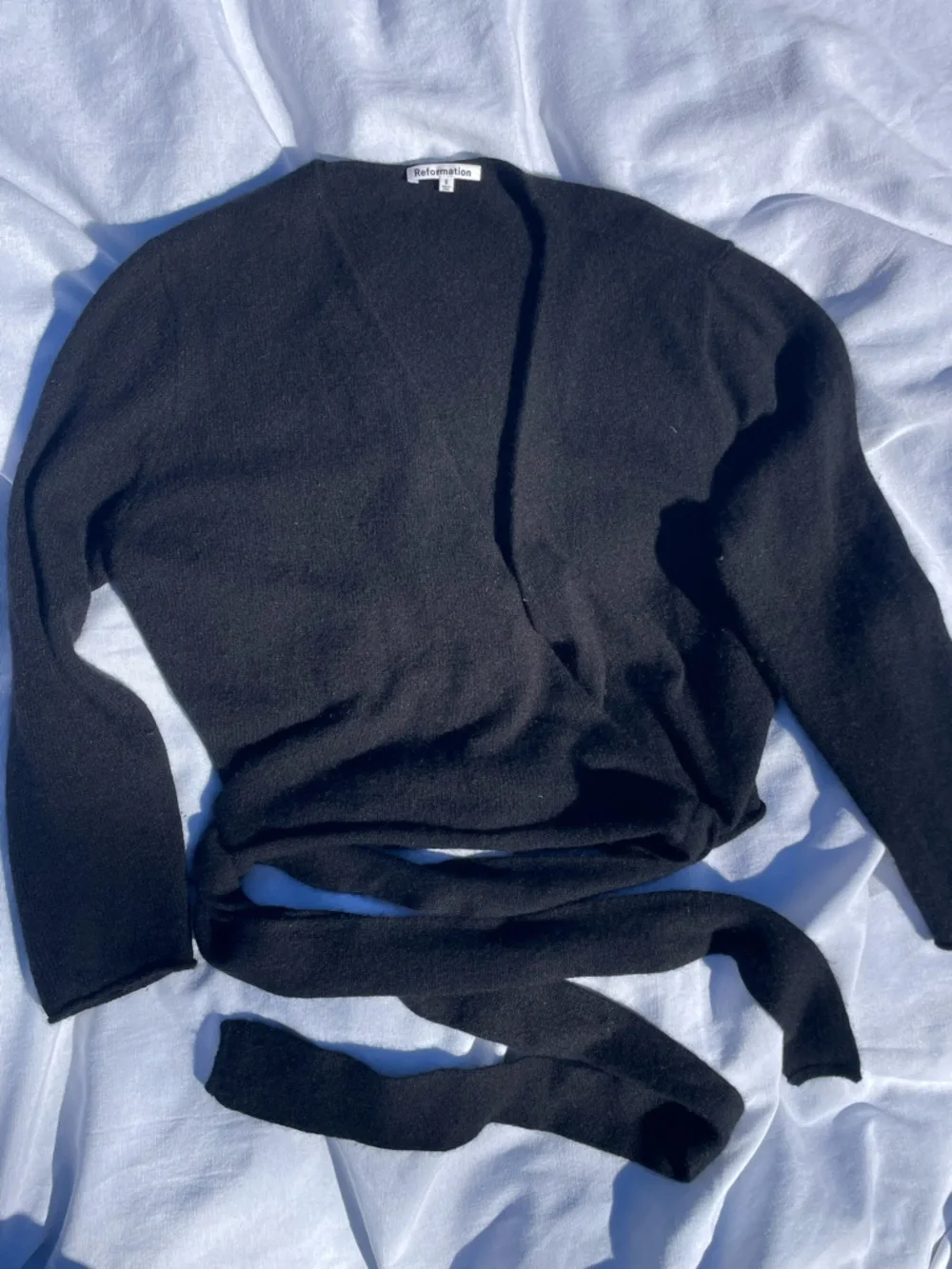 Reformation Cashmere Black Wrap Cardigan with Waist Tie - Picture 3 of 8